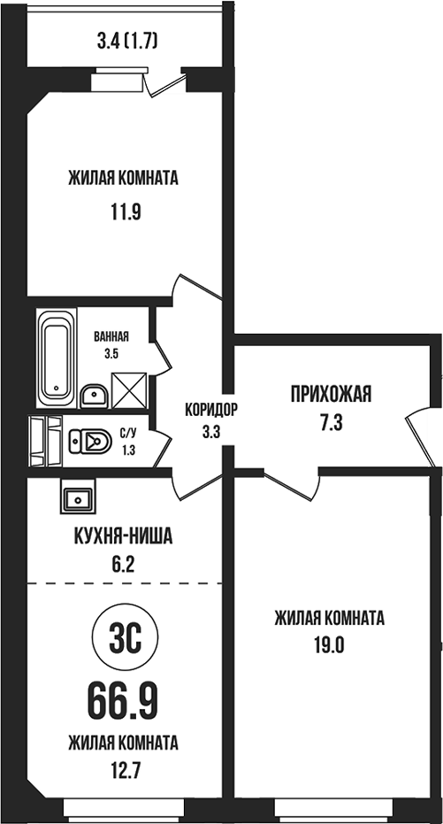 Планировка 3е-к. квартира 65.20 м² в ЖК «Династия»