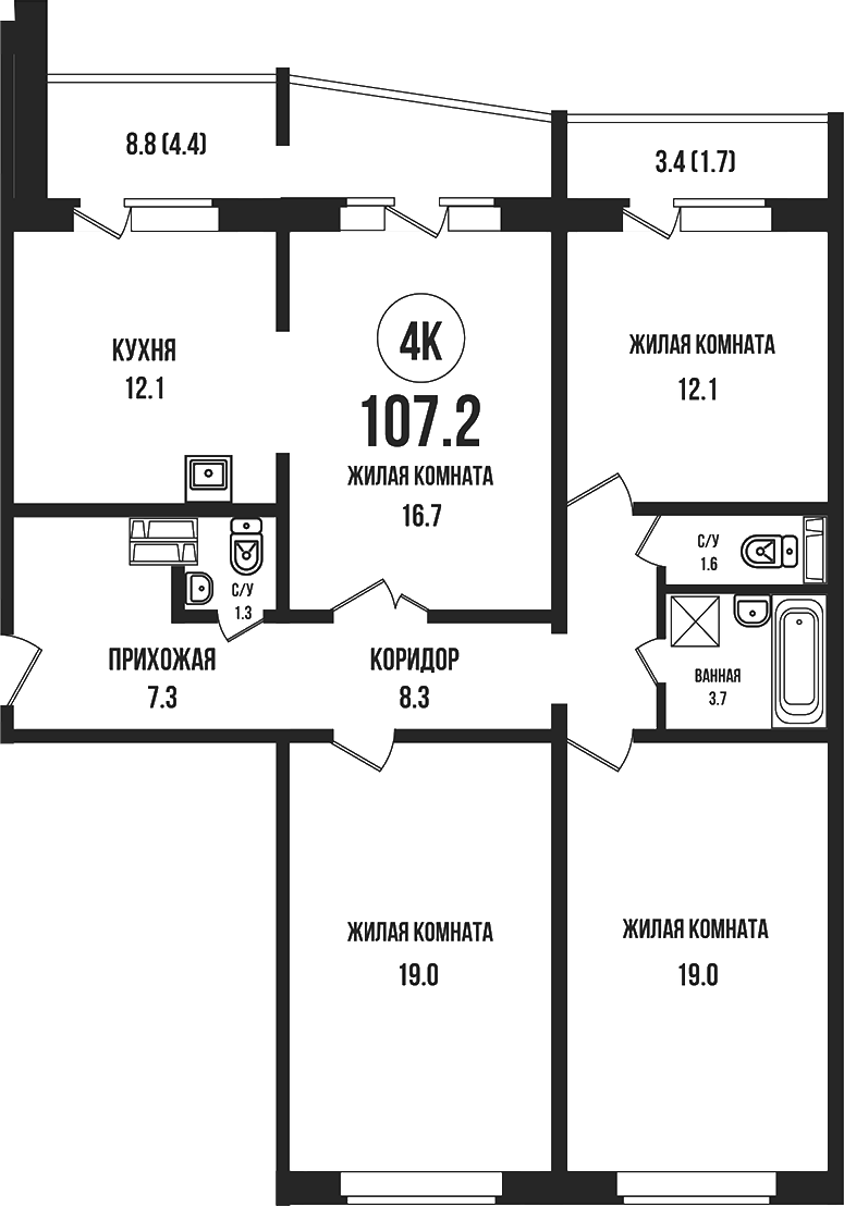 Планировка 4-к.кв 101.10 м² в ЖК «Династия»