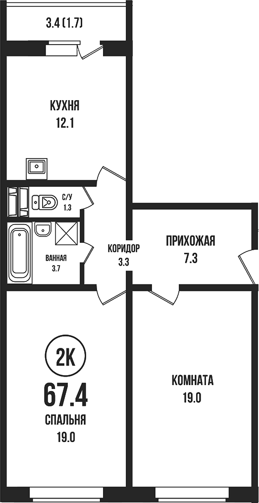 Планировка 2-к.кв 65.70 м² в ЖК «Династия»