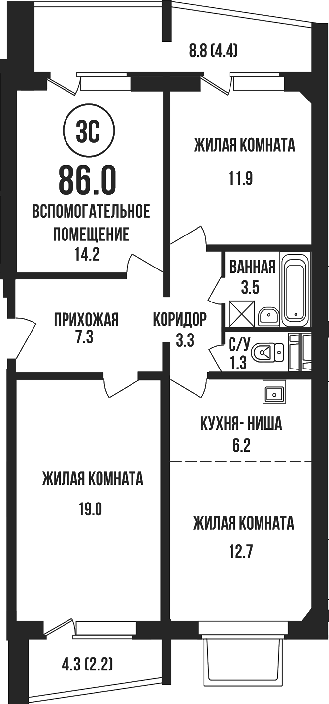 Планировка 3е-к. квартира 79.40 м² в ЖК «Династия»
