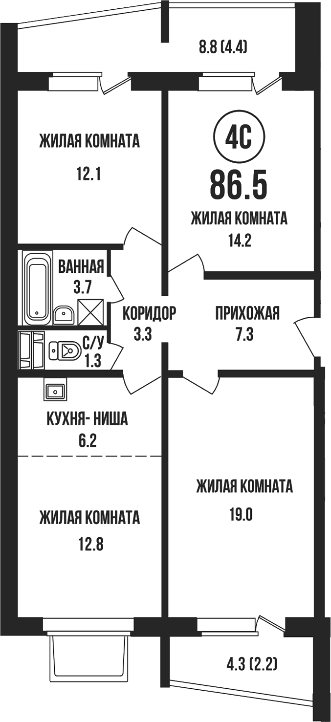 Планировка 4е-к.кв 79.90 м² в ЖК «Династия»