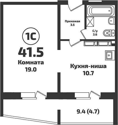 Планировка студии 36.80 м² в ЖК «Приозерный»
