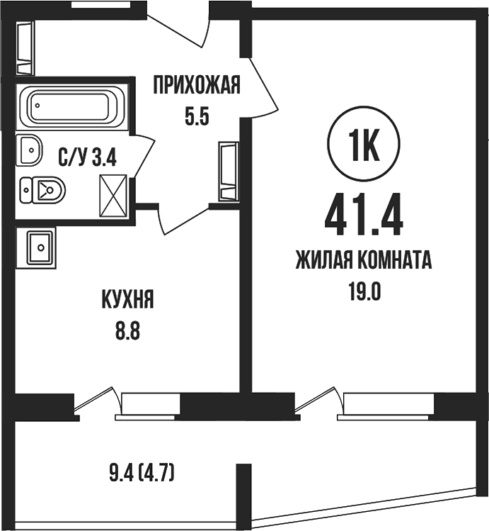 Планировка 1-к.кв 36.70 м² в ЖК «Династия»