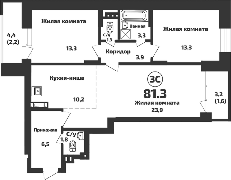 Планировка 3е-к.кв 77.50 м² в ЖК «Приозерный»