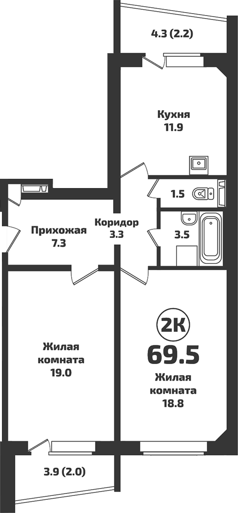 Планировка 2-к.кв 65.30 м² в ЖК «Приозерный»