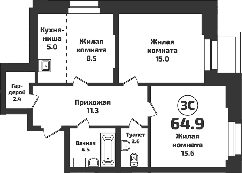 Планировка 3е-к.кв 64.90 м² в ЖК «INFINITY»
