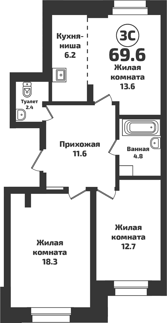 Планировка 3е-к.кв 69.60 м² в ЖК «INFINITY»