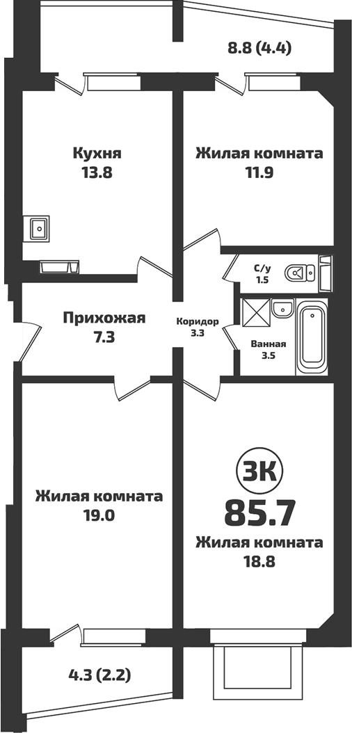 Планировка 3-к.кв 79.10 м² в ЖК «Приозерный»