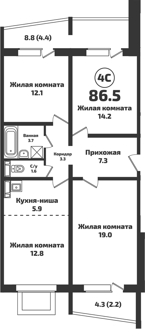 Планировка 4е-к.кв 79.90 м² в ЖК «Приозерный»