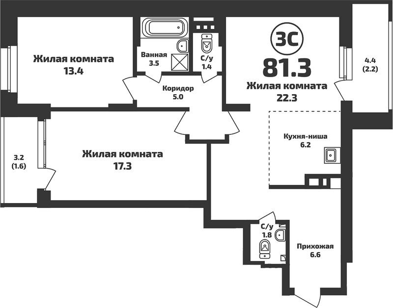 Планировка 3е-к.кв 78.10 м² в ЖК «Приозерный»