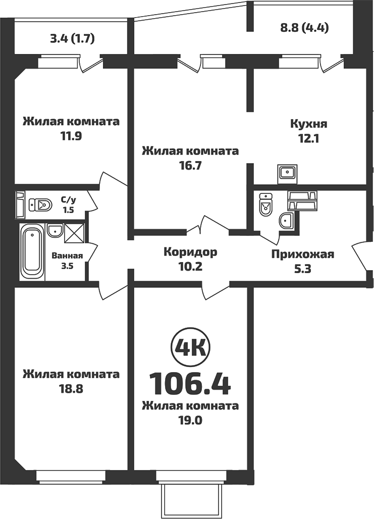Планировка 4-к.кв 100.30 м² в ЖК «Приозерный»