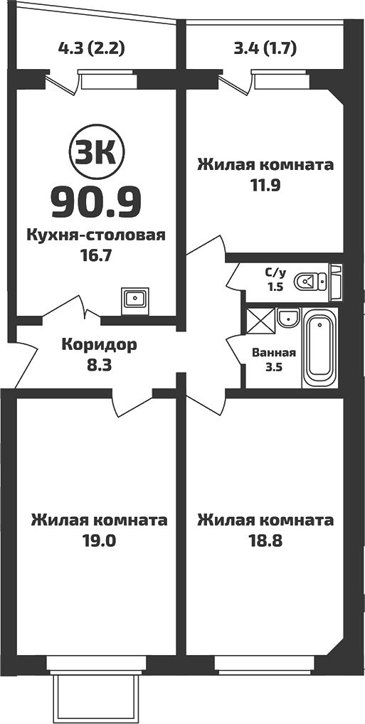 Планировка 3-к.кв 87.00 м² в ЖК «Приозерный»