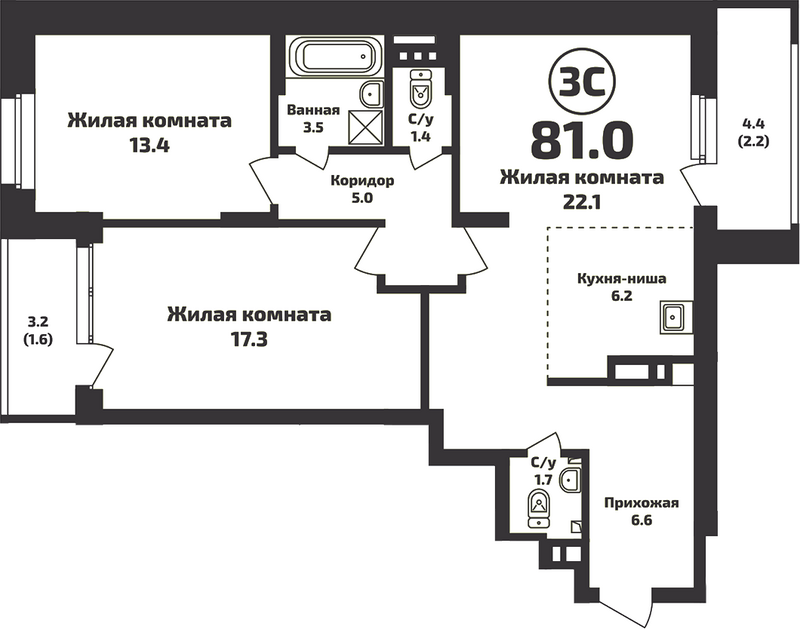 Планировка 3е-к.кв 77.70 м² в ЖК «Приозерный»