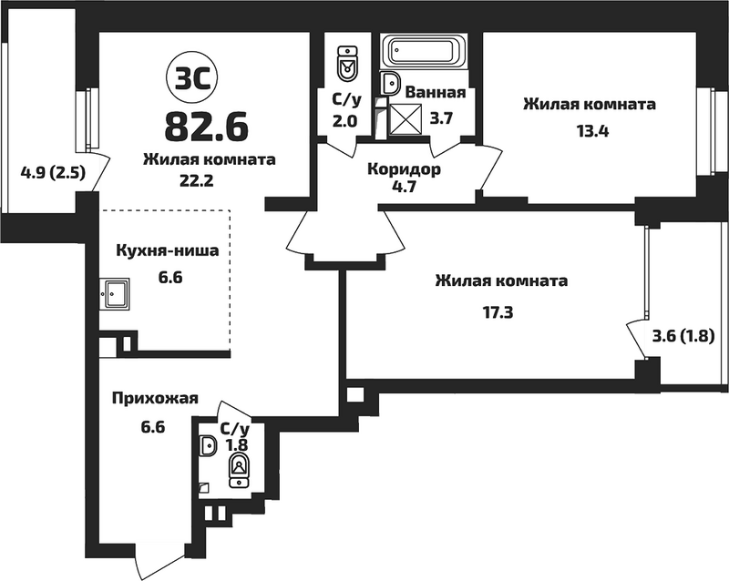 Планировка 3е-к.кв 78.30 м² в ЖК «Приозерный»