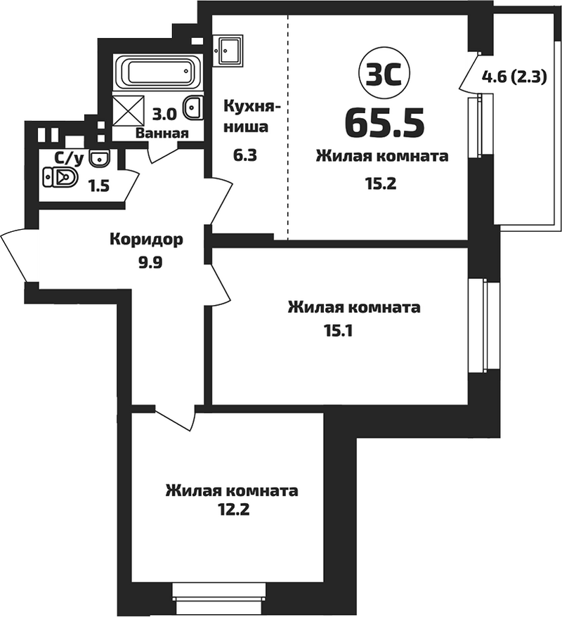 Планировка 3е-к.кв 63.20 м² в ЖК «Приозерный»