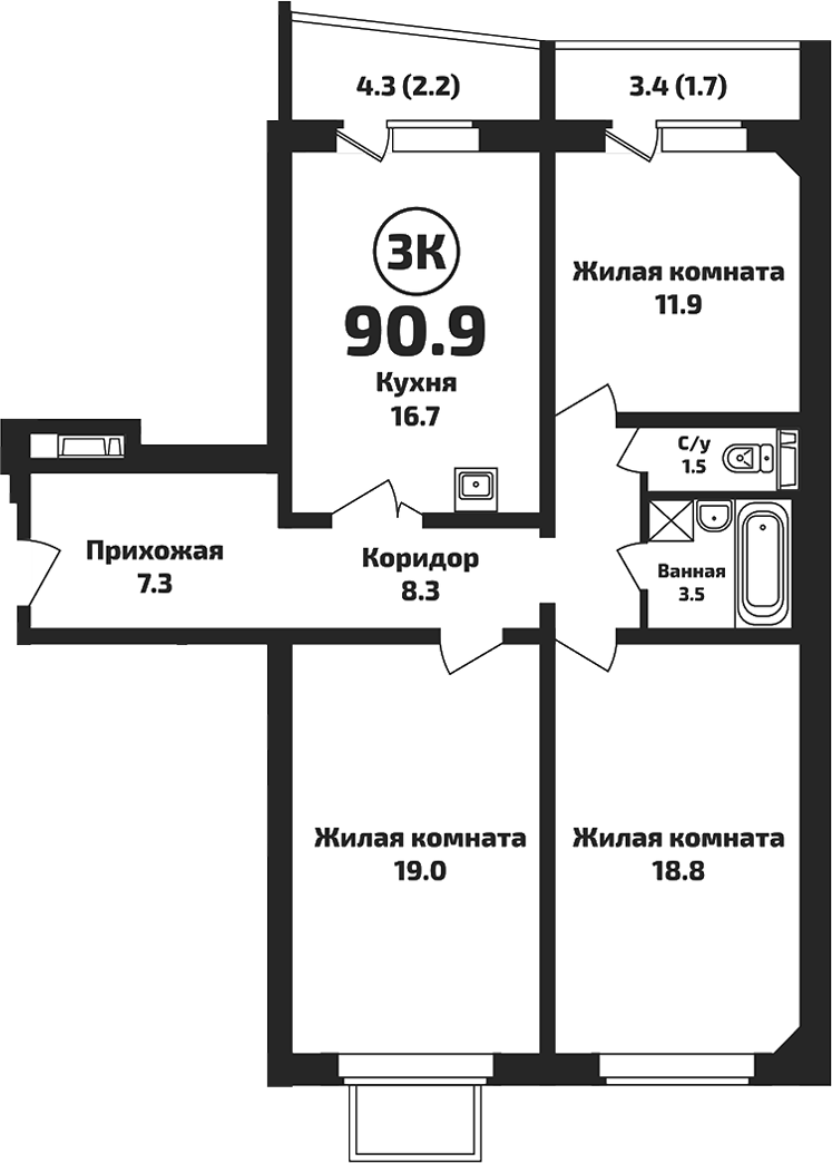 Планировка 3-к.кв 87.00 м² в ЖК «Приозерный»