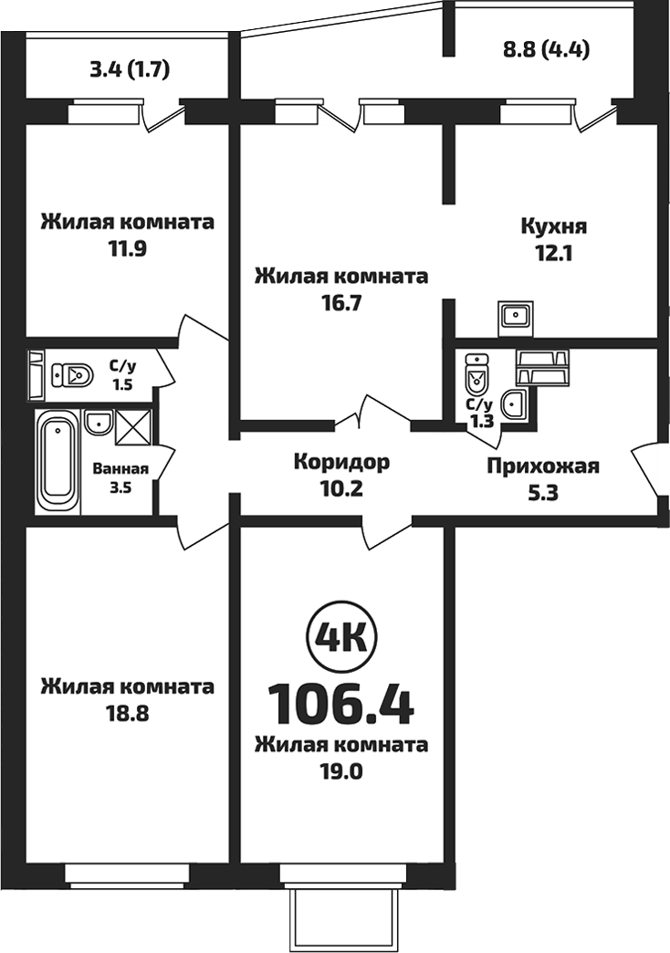 Планировка 4-к.кв 100.30 м² в ЖК «Приозерный»
