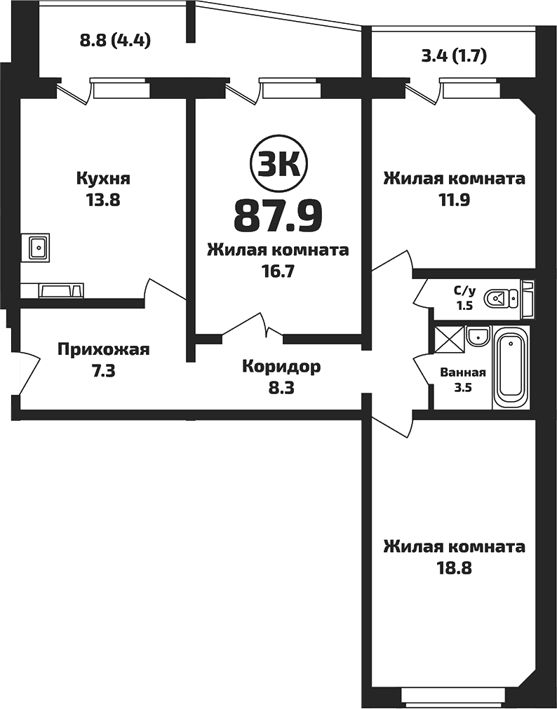 Планировка 3-к.кв 81.80 м² в ЖК «Приозерный»