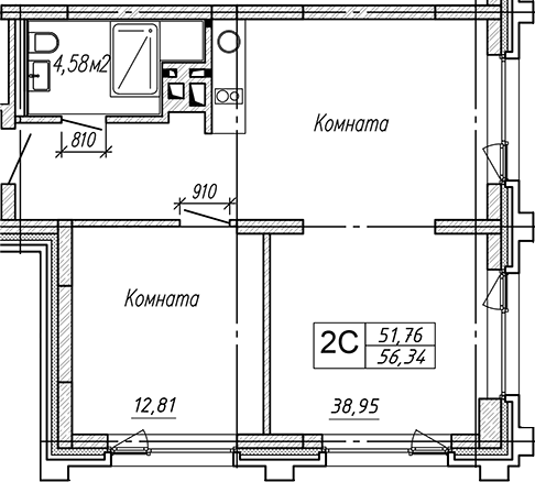 Планировка студии 56.34 м² в ЖК «Апарт-отель Гагарин Сити»