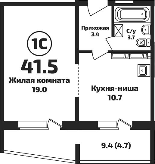 Планировка студии 36.80 м² в ЖК «Приозерный»