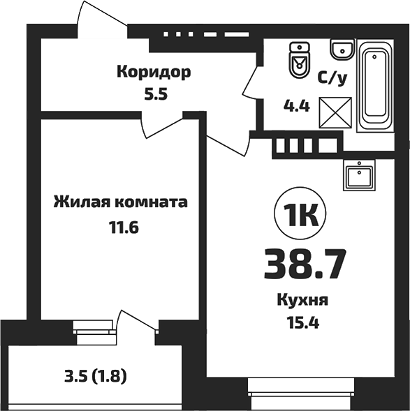Планировка 1-к.кв 36.90 м² в ЖК «Приозерный»