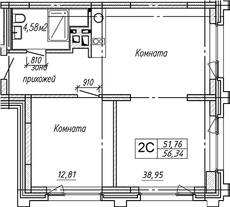 Планировка студии 56.34 м² в ЖК «Апарт-отель Гагарин Сити»