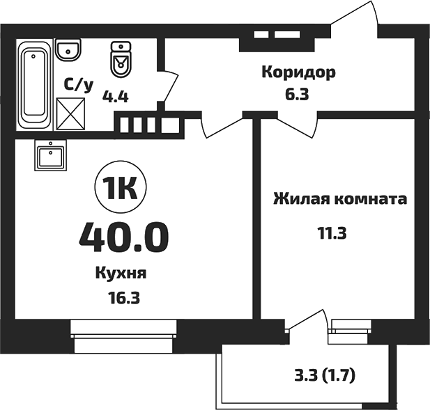 Планировка 1-к.кв 38.30 м² в ЖК «Приозерный»