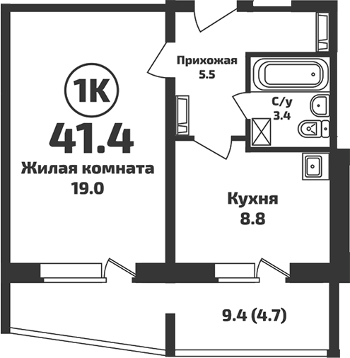Планировка 1-к.кв 36.70 м² в ЖК «Приозерный»