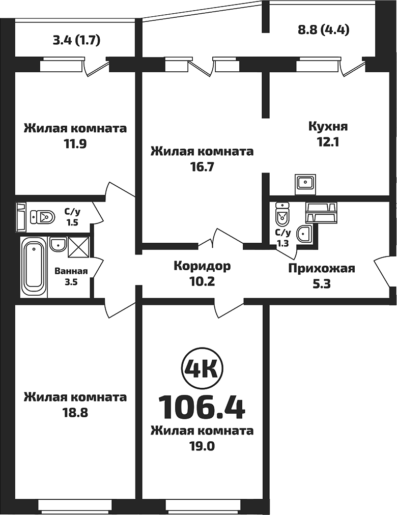 Планировка 4-к.кв 100.30 м² в ЖК «Приозерный»