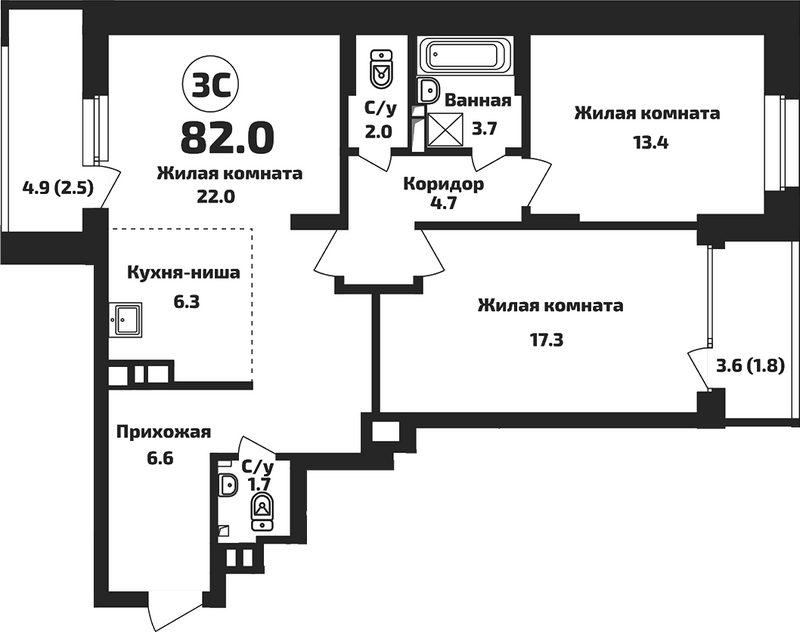 Планировка 3е-к. квартира 77.70 м² в ЖК «Приозерный»