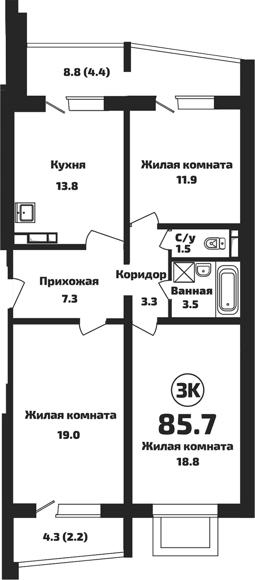 Планировка 3-к.кв 79.10 м² в ЖК «Приозерный»