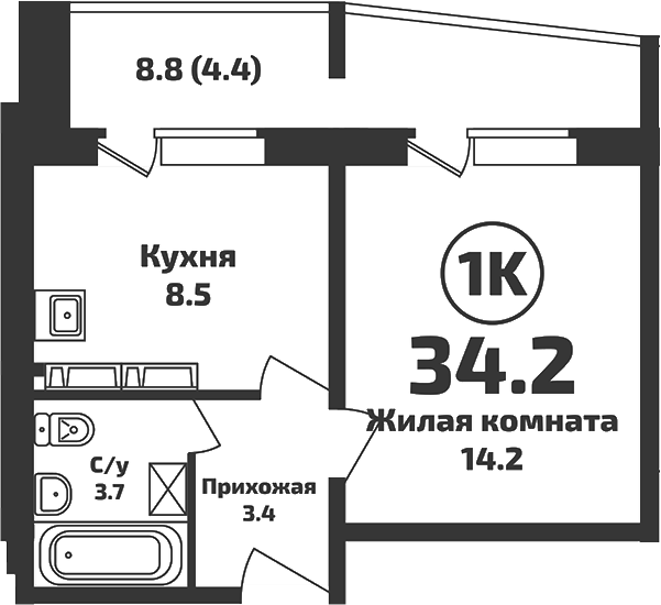 Планировка 1-к.кв 29.80 м² в ЖК «Приозерный»