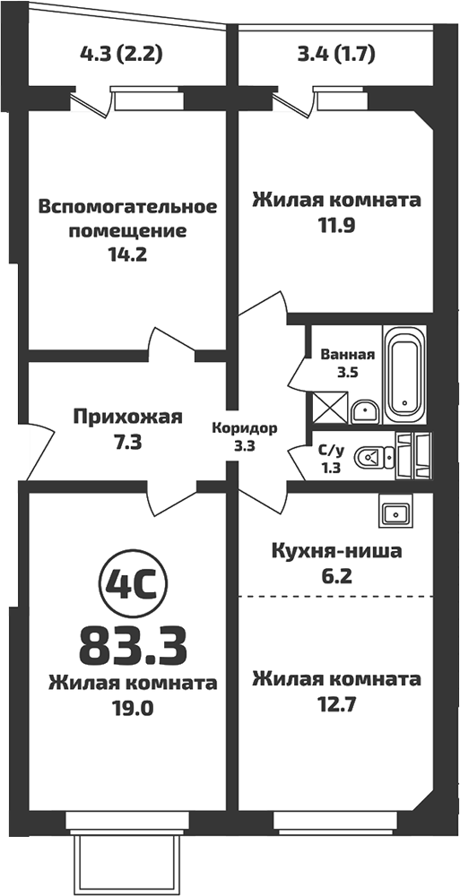 Планировка 4е-к.кв 79.40 м² в ЖК «Приозерный»
