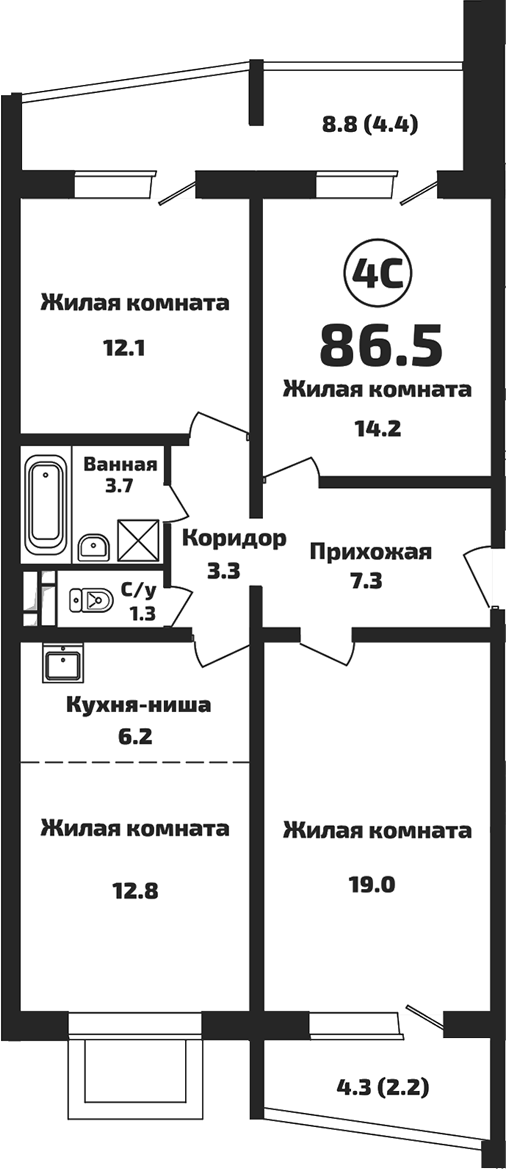 Планировка 4е-к.кв 79.90 м² в ЖК «Приозерный»