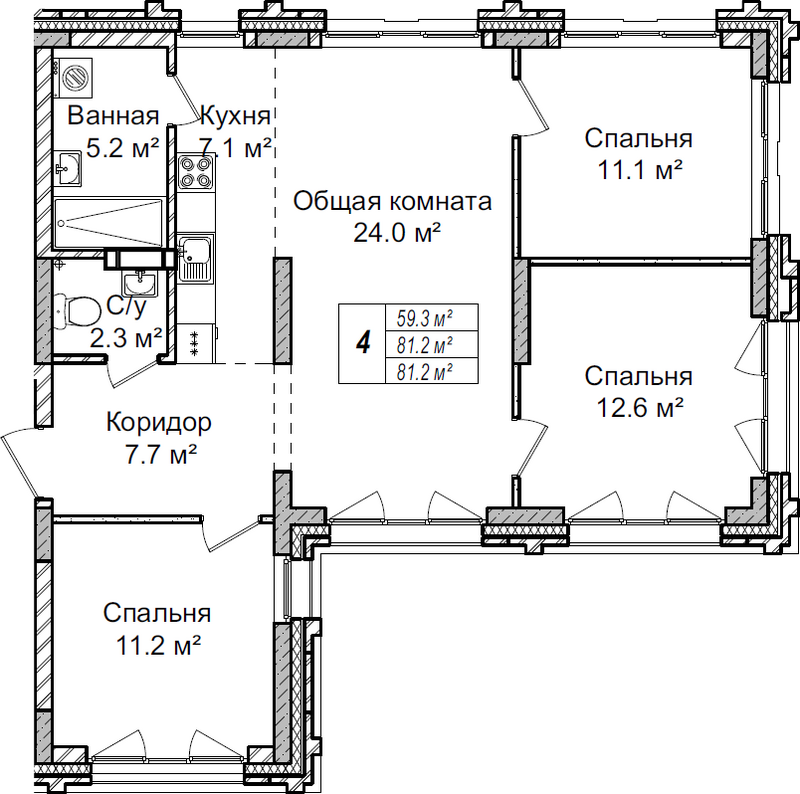 Планировка 4е-к.кв 81.20 м² в ЖК «Кварталы Немировича-2»