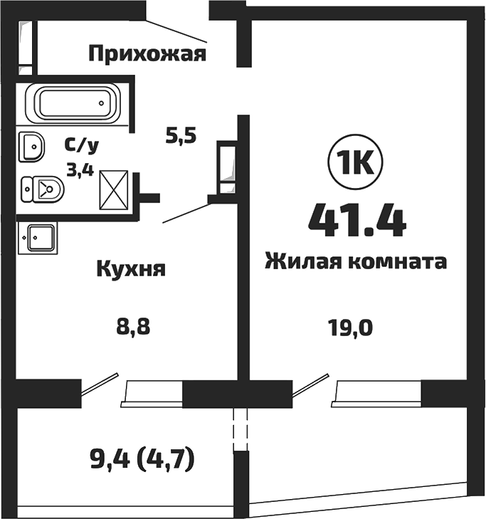 Планировка 1-к.кв 36.70 м² в ЖК «Приозерный»