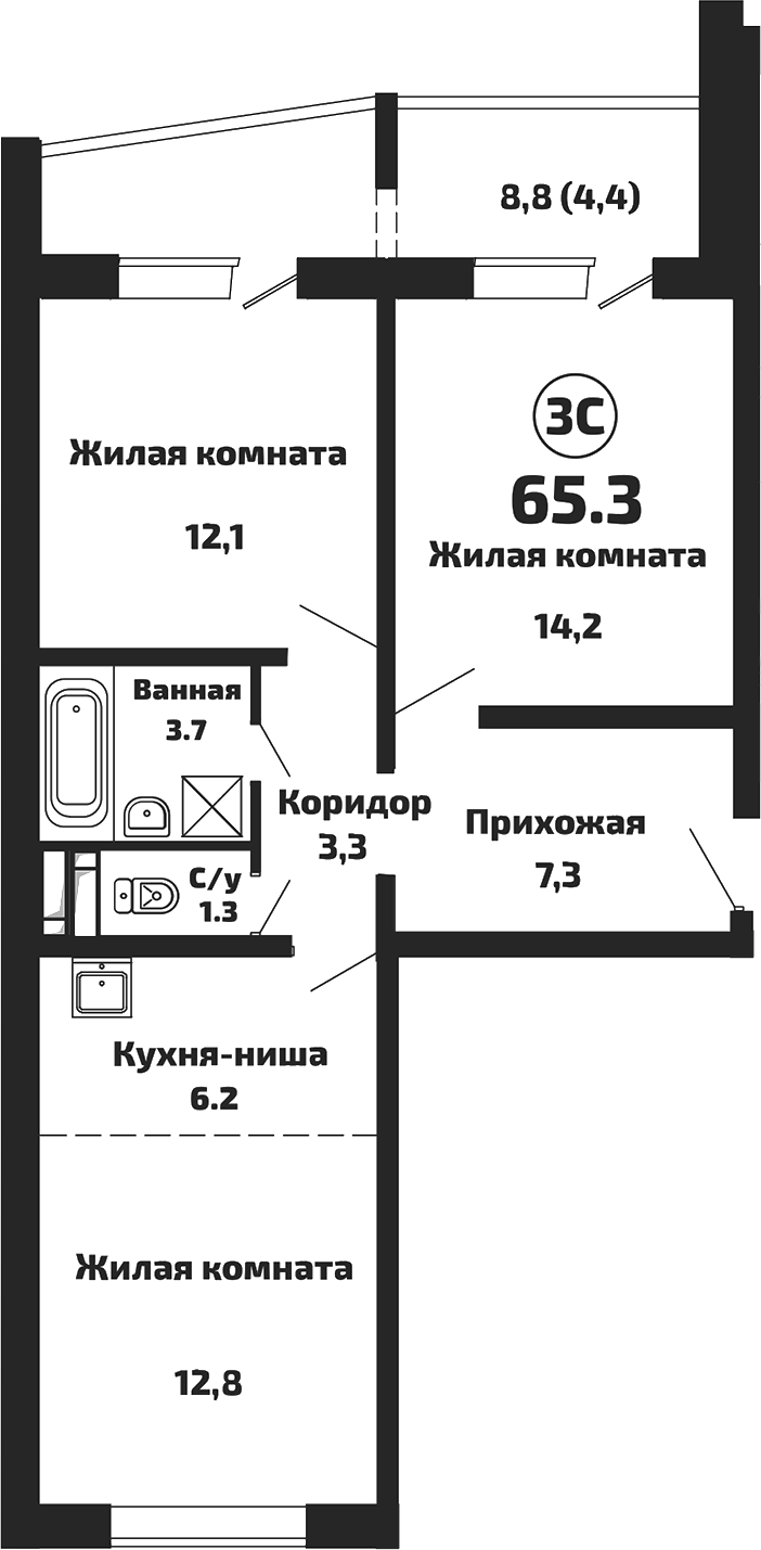 Планировка 3е-к. квартира 60.90 м² в ЖК «Приозерный»