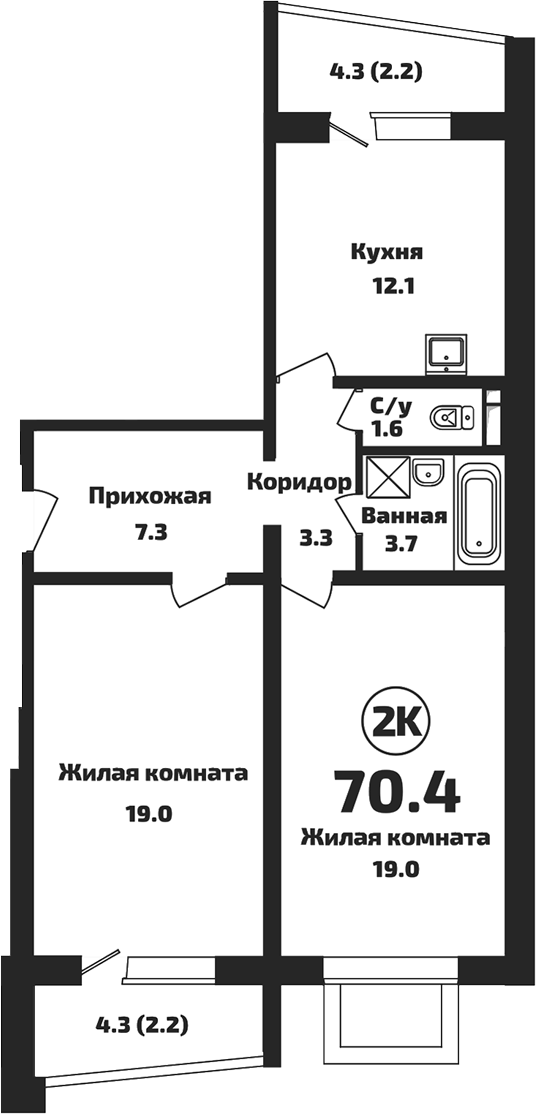 Планировка 2-к. квартира 66.00 м² в ЖК «Приозерный»