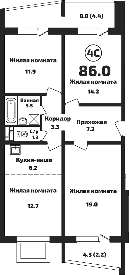 Планировка 4е-к. квартира 79.40 м² в ЖК «Приозерный»