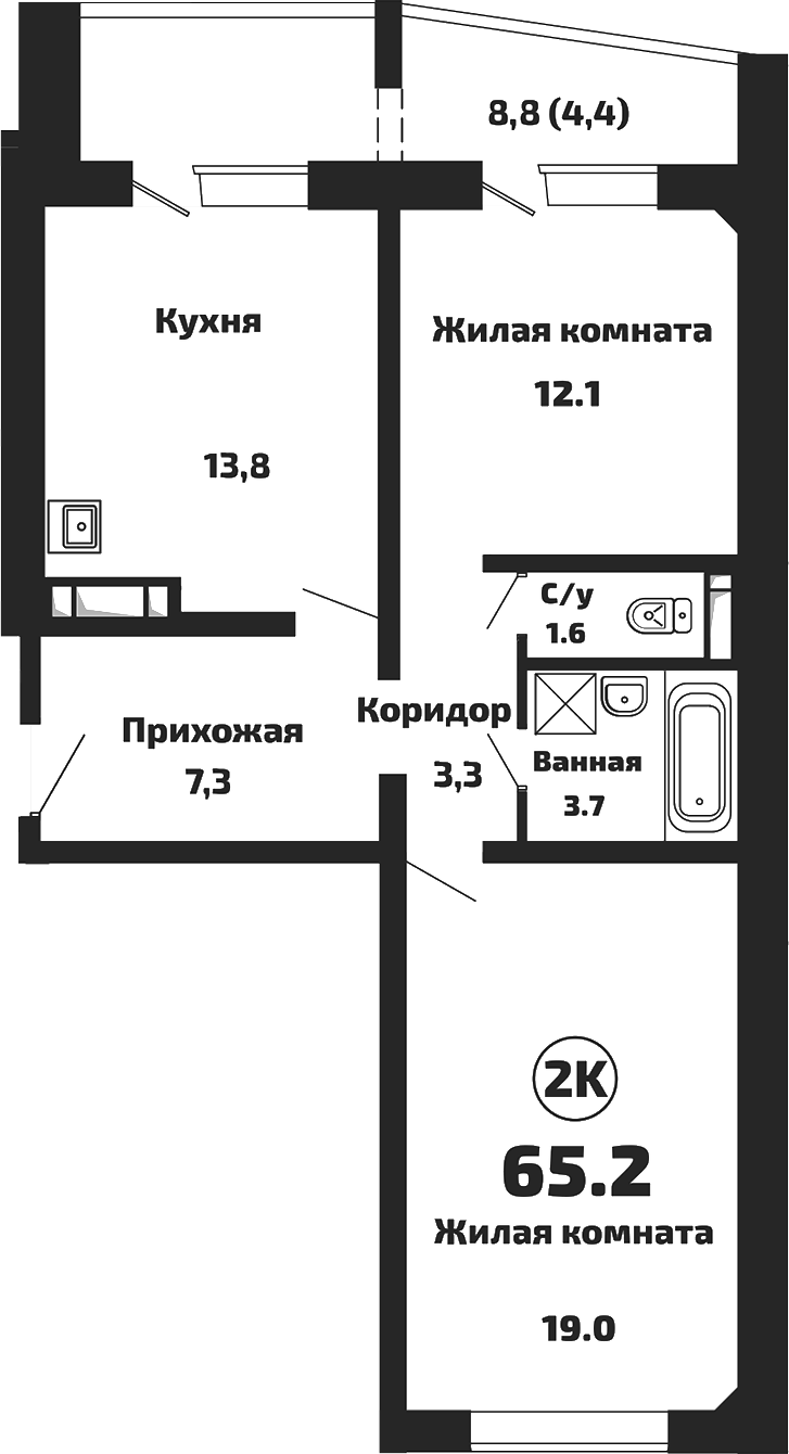 Планировка 2-к. квартира 60.80 м² в ЖК «Приозерный»