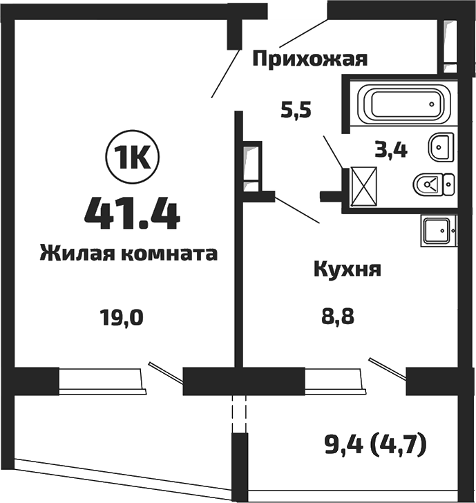 Планировка 1-к. квартира 36.70 м² в ЖК «Приозерный»