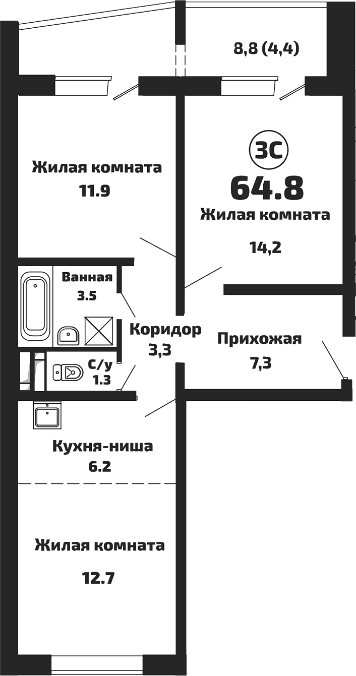 Планировка 3е-к.кв 60.40 м² в ЖК «Приозерный»