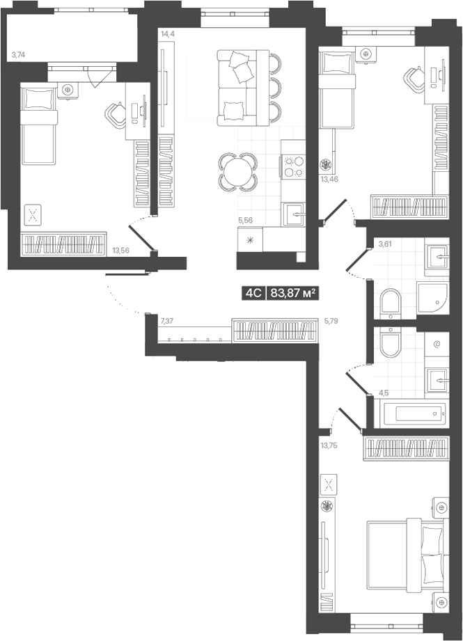 Планировка 4е-к.кв 82.00 м² в ЖК «Моне. Кемерово»