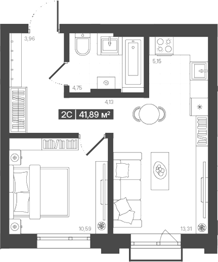 Планировка 2е-к.кв 41.89 м² в ЖК «Моне. Кемерово»