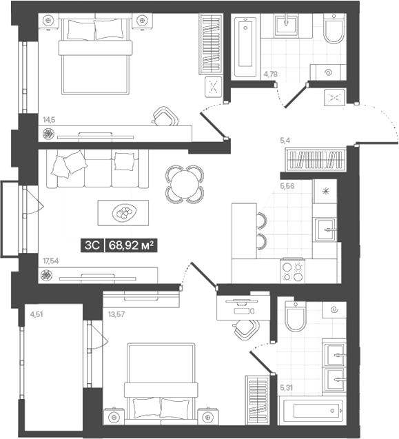 Планировка 3е-к.кв 66.66 м² в ЖК «Моне. Кемерово»