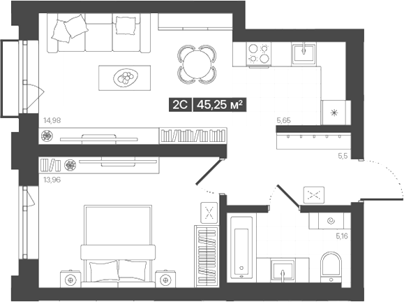 Планировка 2е-к.кв 45.25 м² в ЖК «Моне. Кемерово»