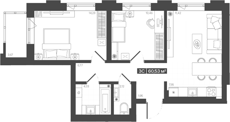 Планировка 3е-к.кв 58.69 м² в ЖК «Моне. Кемерово»