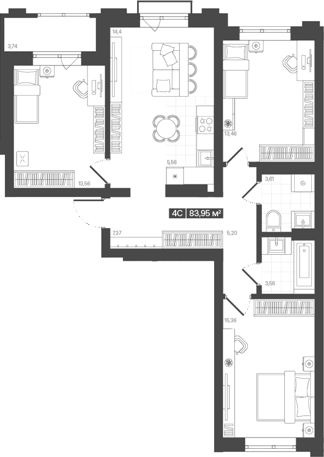 Планировка 4е-к.кв 82.08 м² в ЖК «Моне. Кемерово»