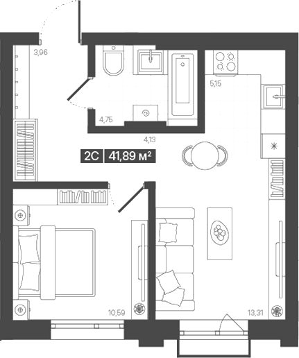 Планировка 2е-к.кв 41.89 м² в ЖК «Моне. Кемерово»