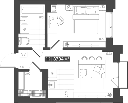 Планировка 1-к.кв 37.34 м² в ЖК «Моне. Кемерово»